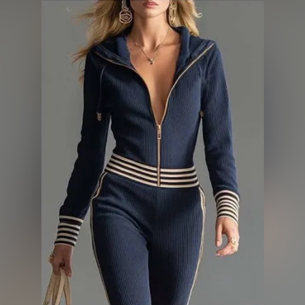 Oyrosy Revolve Retro Sports Hooded Zipper Dark Blue Knitted Jumpsuit NEW XL